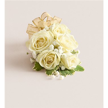 White Spray Corsage-Gold Bow